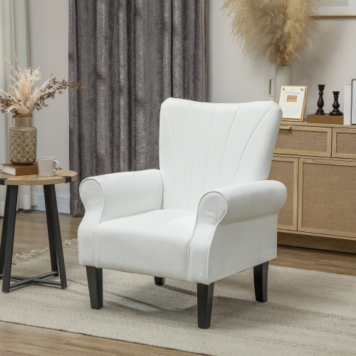HOMCOM Fabric Accent Chair, Upholstered Armchair, Modern Wingback Living Room Chair with Wood Legs, Rolled Arms and Thick Padding, Cream White