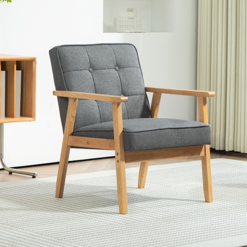 HOMCOM Modern Accent Chair with Button Tufted Back, Upholstered Linen Armchair with Solid Wood Frame and Soft Thick Padded for Living Room, Bedroom,
