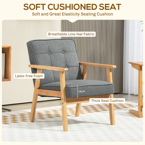 HOMCOM Modern Accent Chair with Button Tufted Back, Upholstered Linen Armchair with Solid Wood Frame and Soft Thick Padded for Living Room, Bedroom,