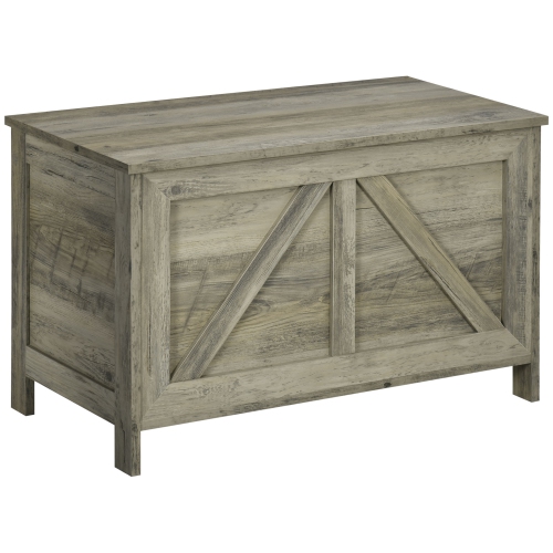 HOMCOM Farmhouse Storage Chest, Storage Bench, Lift Top Box with Safety Hinge to Open Up 100° for Entryway, Living Room, Grey Wood Grain