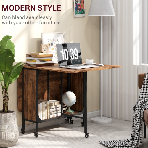 HOMCOM 51" Folding Dining Table for 6, Mobile Drop Leaf Table, Extendable Kitchen Table with Storage Shelf and 6 Wheels for Small Spaces, Rustic Brown