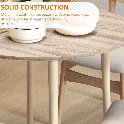 HOMCOM Folding Dining Table, Round Drop Leaf Table for Small Spaces, Foldable Table with Wood Legs for Kitchen, Dining Room, Oak