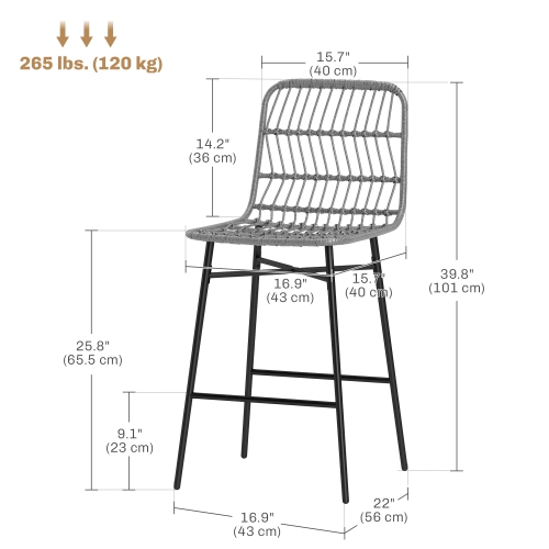 HOMCOM Rattan Bar Stools Set of 2, 26" Wicker Counter Height Bar Stools with Back, Modern Barstools for Kitchen Island, Kitchen Counter and Dining