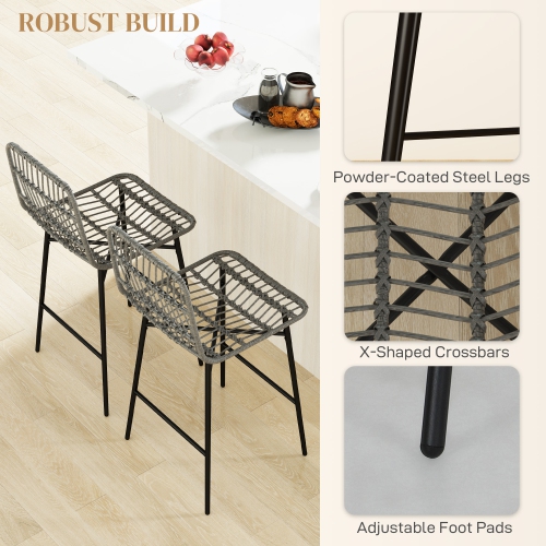 HOMCOM Rattan Bar Stools Set of 2, 26" Wicker Counter Height Bar Stools with Back, Modern Barstools for Kitchen Island, Kitchen Counter and Dining