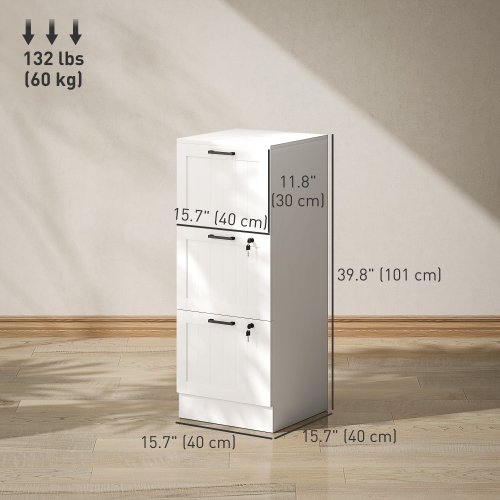 HOMCOM 3 Drawer File Cabinet with Lock, Vertical Filing Cabinet with Adjustable Hanging Bars for A4 and Letter Size File Folders, Printer Stand with