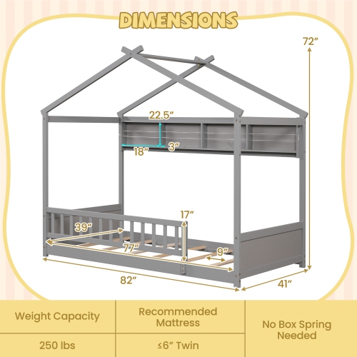 Gymax Twin Size House Bed w/Storage Shelf Headboard & Guardrail Wooden Slat Support