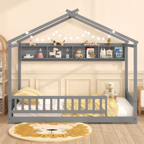 Gymax Twin Size House Bed w/Storage Shelf Headboard & Guardrail Wooden Slat Support