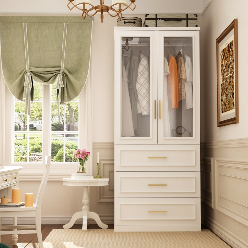 Homsee – Armoire élégante avec portes en verre, tringles suspendues et tiroirs spacieux pour rangement de chambre à coucher, blanc