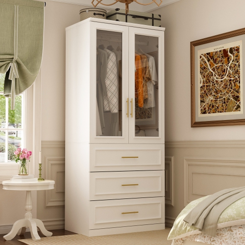 Homsee – Armoire élégante avec portes en verre, tringles suspendues et tiroirs spacieux pour rangement de chambre à coucher, blanc