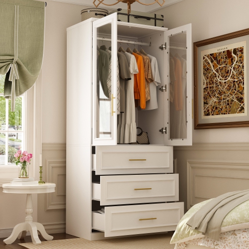 Homsee – Armoire élégante avec portes en verre, tringles suspendues et tiroirs spacieux pour rangement de chambre à coucher, blanc