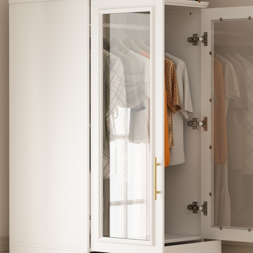 Homsee – Armoire élégante avec portes en verre, tringles suspendues et tiroirs spacieux pour rangement de chambre à coucher, blanc