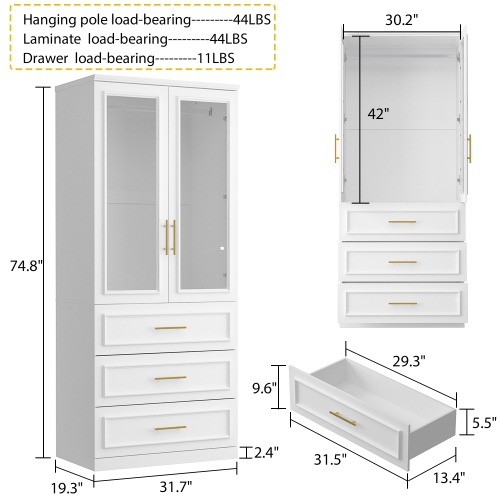 Homsee – Armoire élégante avec portes en verre, tringles suspendues et tiroirs spacieux pour rangement de chambre à coucher, blanc