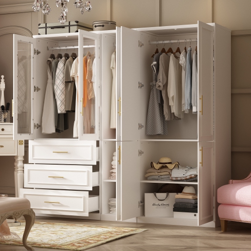 Homsee Large Wardrobe with Adjustable Shelves, Dual Hanging Rods, and Multiple Drawers for Comprehensive Storage,White