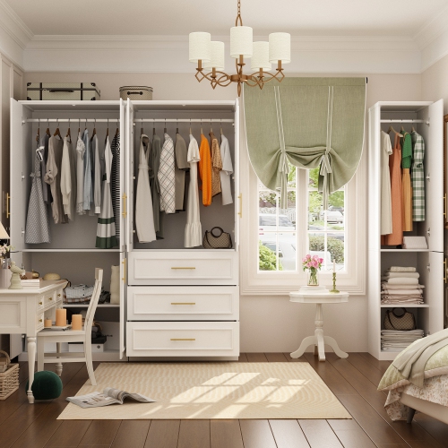 Homsee Large Wardrobe with Adjustable Shelves, Dual Hanging Rods, and Multiple Drawers for Comprehensive Storage,White