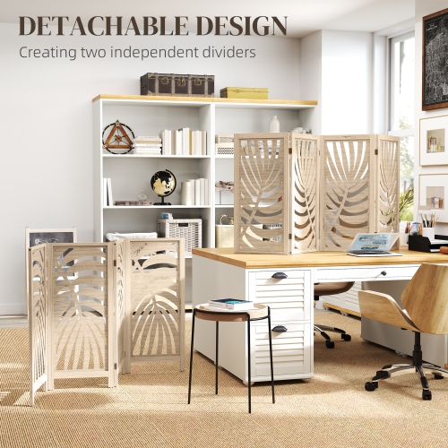 HOMCOM 4 Panel Room Divider, Detachable Portable Folding Privacy Screens, Freestanding Partition Wall Dividers with Palm Leaf Design for Home Office,