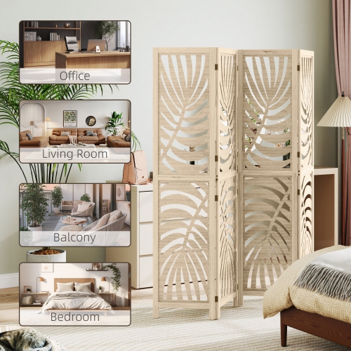 HOMCOM 4 Panel Room Divider, Detachable Portable Folding Privacy Screens, Freestanding Partition Wall Dividers with Palm Leaf Design for Home Office,