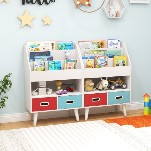 Gymax Kids Bookshelf w/3-Tier Bookshelves Open Compartment & 2 Foldable Fabric Drawers