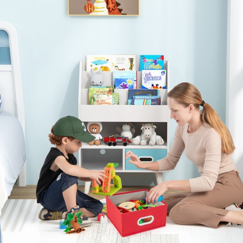 Gymax Kids Bookshelf w/3-Tier Bookshelves Open Compartment & 2 Foldable Fabric Drawers