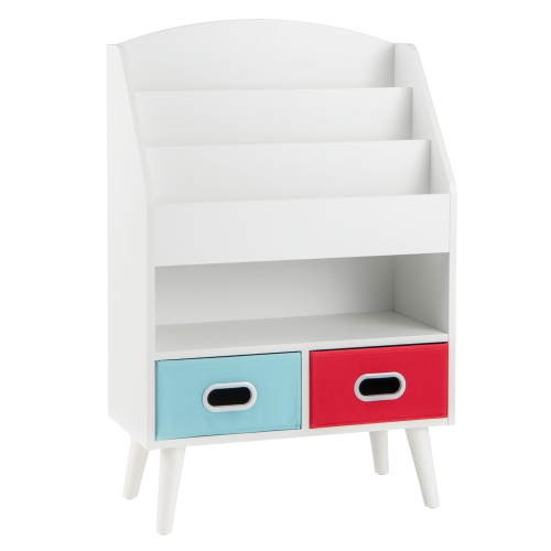 Gymax Kids Bookshelf w/3-Tier Bookshelves Open Compartment & 2 Foldable Fabric Drawers