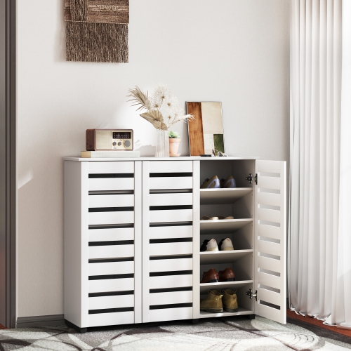 HOMCOM – Armoire à chaussures étroite avec 3 portes à lattes, armoire de rangement moderne pour chaussures avec tablettes réglables pour entrée,