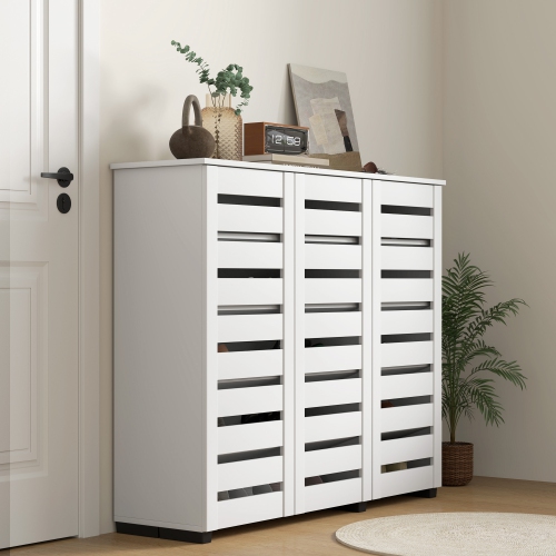 HOMCOM – Armoire à chaussures étroite avec 3 portes à lattes, armoire de rangement moderne pour chaussures avec tablettes réglables pour entrée,