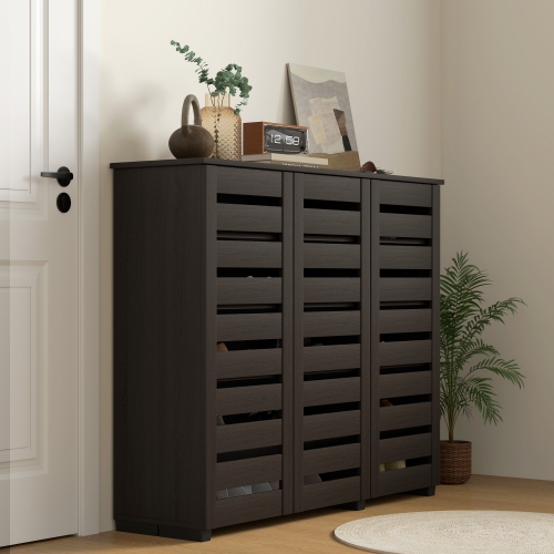 HOMCOM – Armoire à chaussures étroite avec 3 portes à lattes, armoire de rangement moderne pour chaussures avec tablettes réglables pour entrée,