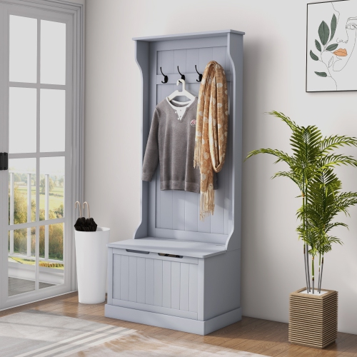 HOMCOM 28" Coat Rack Shoe Bench, 3-In-1 Entryway Hall Tree with Shoe Storage Bench, Modern Coat Hanger Stand with 4 Double Hooks, for Hallway, Living