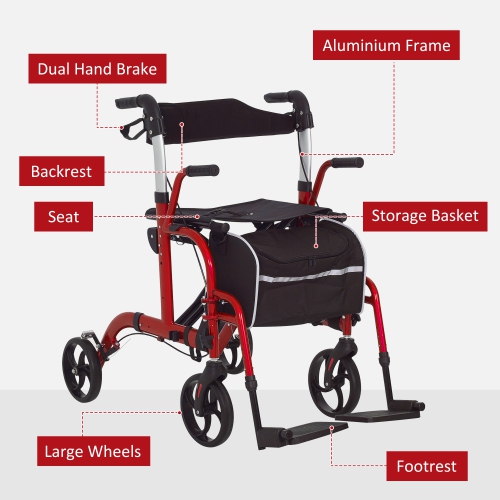 Marchette à roulettes en aluminium avec siège, déambulateur à roulettes pliable pour aînés avec roues de 8 po, sac de rangement, hauteur