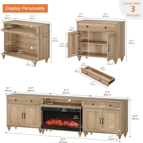 Meuble-foyer WAMPAT pour téléviseur 100/90/85 pouces, centre de divertissement haut avec foyer électrique de 36&nbsp;po, meuble en bois pour