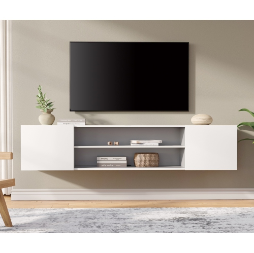 WMAPAT 70" Floating TV Stand for TVs up to 80", Modern Media Entertainment Center Console with Storage Cabinets&Doors, 2-Tier Wall Mounted TV Shelf
