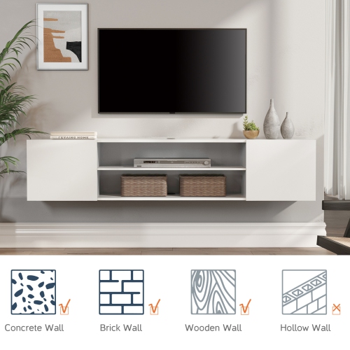WMAPAT 70" Floating TV Stand for TVs up to 80", Modern Media Entertainment Center Console with Storage Cabinets&Doors, 2-Tier Wall Mounted TV Shelf