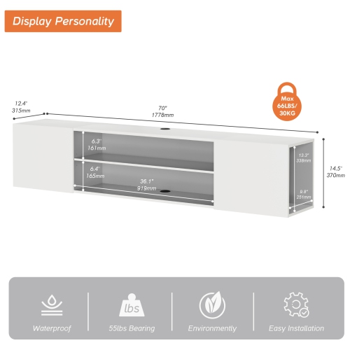 WMAPAT 70" Floating TV Stand for TVs up to 80", Modern Media Entertainment Center Console with Storage Cabinets&Doors, 2-Tier Wall Mounted TV Shelf