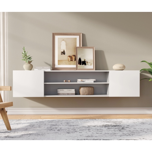 WMAPAT 70" Floating TV Stand for TVs up to 80", Modern Media Entertainment Center Console with Storage Cabinets&Doors, 2-Tier Wall Mounted TV Shelf