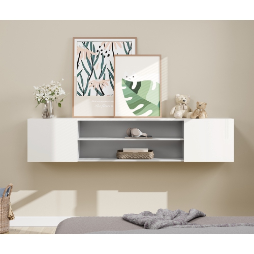 WMAPAT 70" Floating TV Stand for TVs up to 80", Modern Media Entertainment Center Console with Storage Cabinets&Doors, 2-Tier Wall Mounted TV Shelf