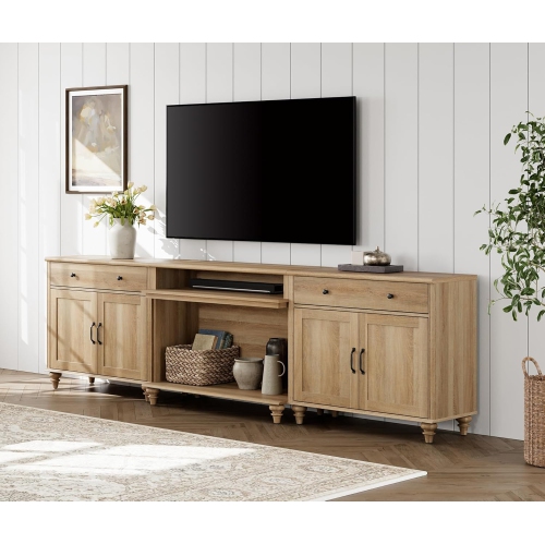 WAMPAT Farmhouse TV Stand for TVs up to 100'', Home Entertainment Center with 8 Storages for 75/80/85/90 inch TV, Large TV Console Table for Living