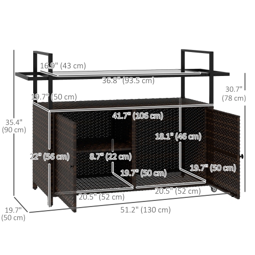 Outsunny PE Rattan Outdoor Bar Cart with Wheels, 2-Tier Outdoor Kitchen Island with Shelf & Cabinet, Rolling Cart with Glass Top, Handles, Towel