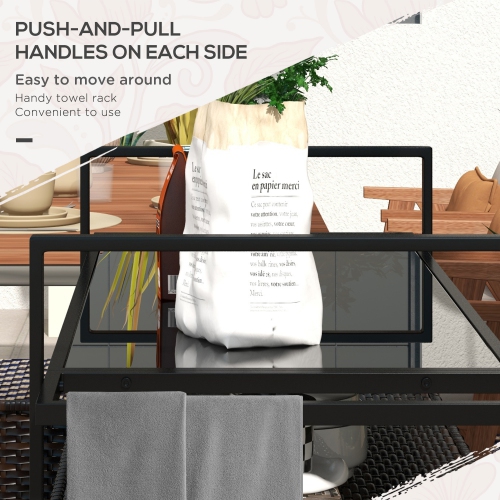 Outsunny PE Rattan Outdoor Bar Cart with Wheels, 2-Tier Outdoor Kitchen Island with Shelf & Cabinet, Rolling Cart with Glass Top, Handles, Towel