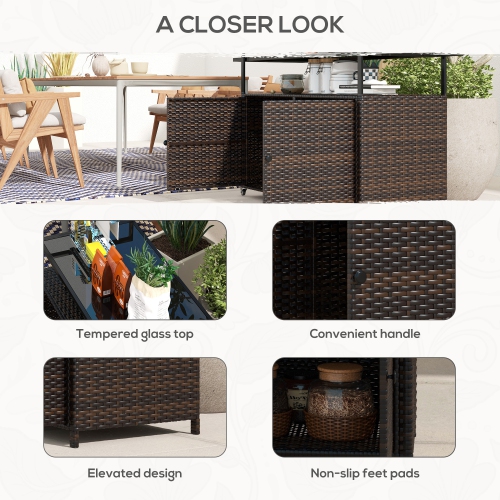 Outsunny PE Rattan Outdoor Bar Cart with Wheels, 2-Tier Outdoor Kitchen Island with Shelf & Cabinet, Rolling Cart with Glass Top, Handles, Towel