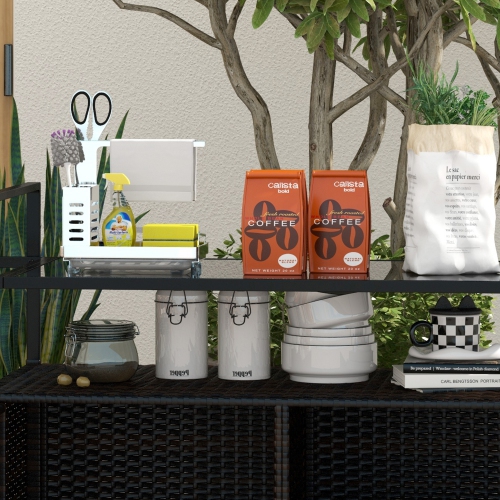 Outsunny PE Rattan Outdoor Bar Cart with Wheels, 2-Tier Outdoor Kitchen Island with Shelf & Cabinet, Rolling Cart with Glass Top, Handles, Towel