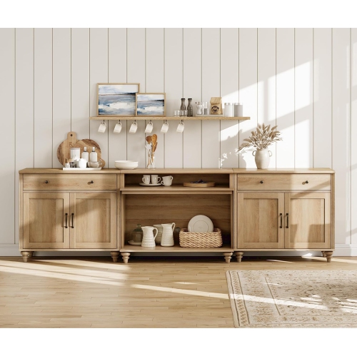 WAMAPT Buffet Cabinet with 4 Doors and 2 Drawers, Large Coffee Bar Tables Wood Kitchen Storage Cabinets, Farmhouse Sideboard Credenza with 2 Open