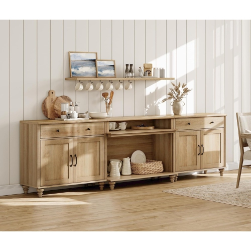 WAMAPT Buffet Cabinet with 4 Doors and 2 Drawers, Large Coffee Bar Tables Wood Kitchen Storage Cabinets, Farmhouse Sideboard Credenza with 2 Open
