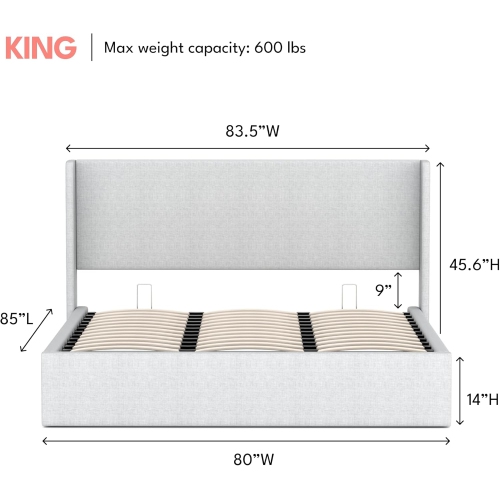 Cadre de très grand lit Aykah avec rangement hydraulique, tête de lit rembourrée, lit moderne à dossier en confessionnal, cadre de très grand lit en