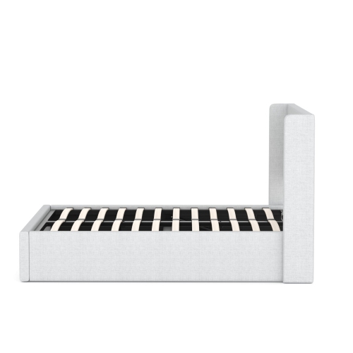 Cadre de très grand lit Aykah avec rangement hydraulique, tête de lit rembourrée, lit moderne à dossier en confessionnal, cadre de très grand lit en