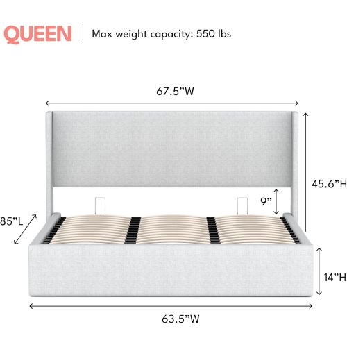 Cadre de grand lit Aykah avec rangement hydraulique, tête de lit rembourrée, lit moderne à oreilles, cadre de grand lit en métal et tête de lit