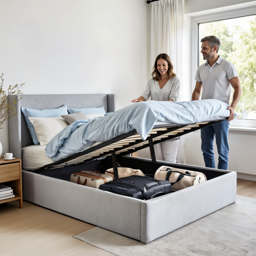 Cadre de grand lit Aykah avec rangement hydraulique, tête de lit rembourrée, lit moderne à oreilles, cadre de grand lit en métal et tête de lit