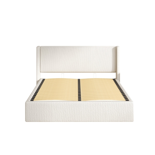 Aykah Upholstered Queen Size Bed Frame With Storage, Upholstered Headboard, Modern Wingback Design Bed, Metal Queen Bed Frame with High Headboard, No