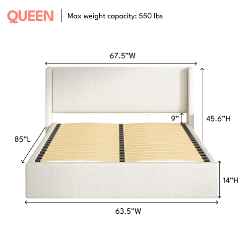 Aykah Upholstered Queen Size Bed Frame With Storage, Upholstered Headboard, Modern Wingback Design Bed, Metal Queen Bed Frame with High Headboard, No