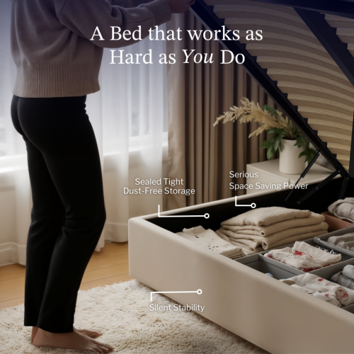 Aykah King Size Bed Frame with Storage, Upholstered Headboard, Modern Wingback Design Bed, Metal King Bed Frame with High Headboard, No Box Spring