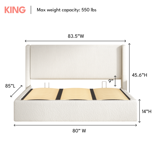 Aykah King Size Bed Frame with Storage, Upholstered Headboard, Modern Wingback Design Bed, Metal King Bed Frame with High Headboard, No Box Spring