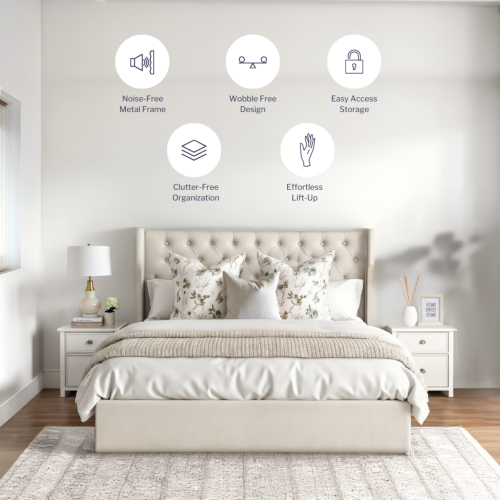 Cadre de grand lit Aykah Nora avec rangement hydraulique, cadre de lit plateforme en métal et tête de lit haute, support de lattes en bois, style